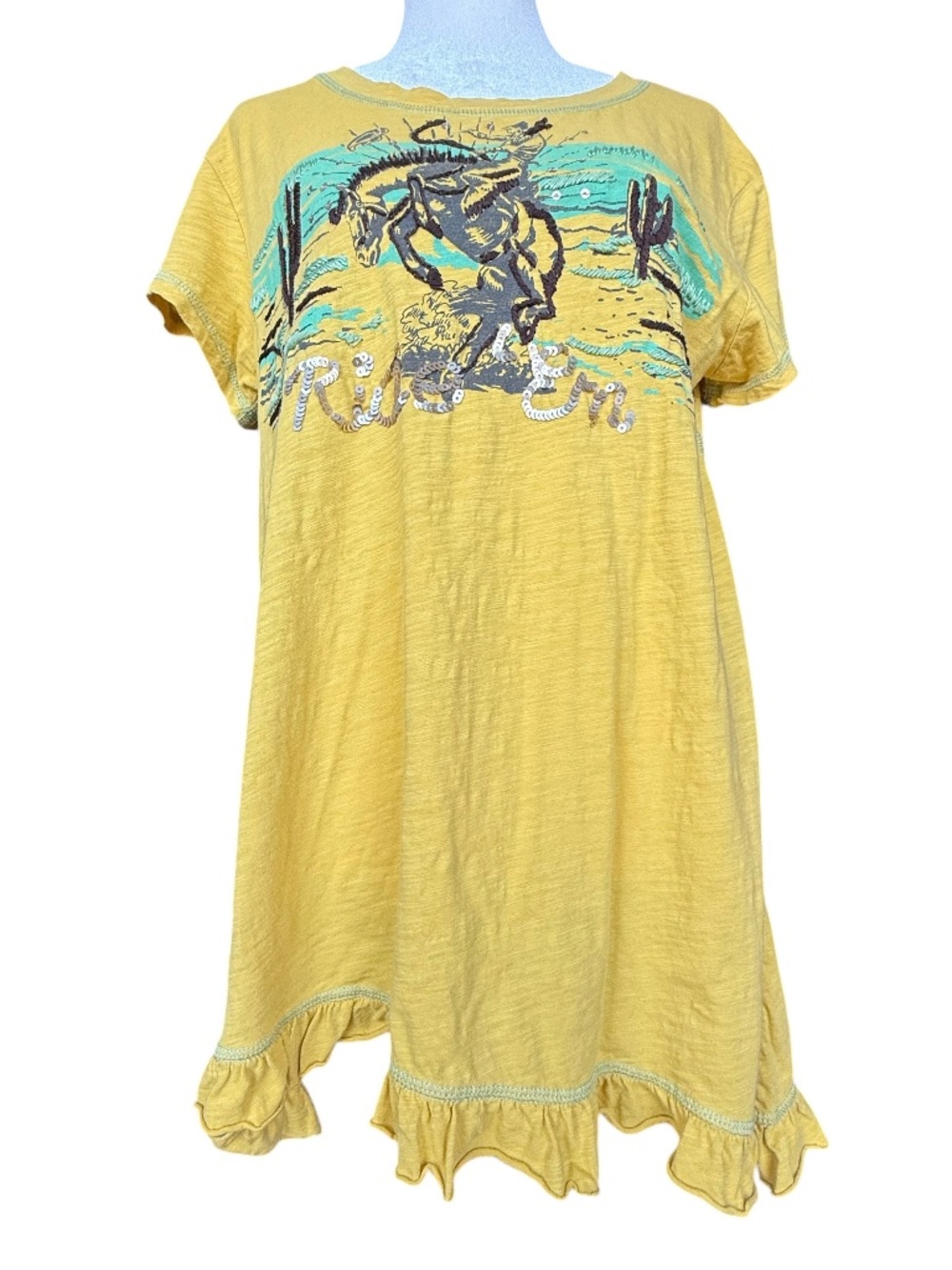 Double D Ranch Yellow "Ride 'Em" Sequined Short Sleeve Tee Shirt Sz S